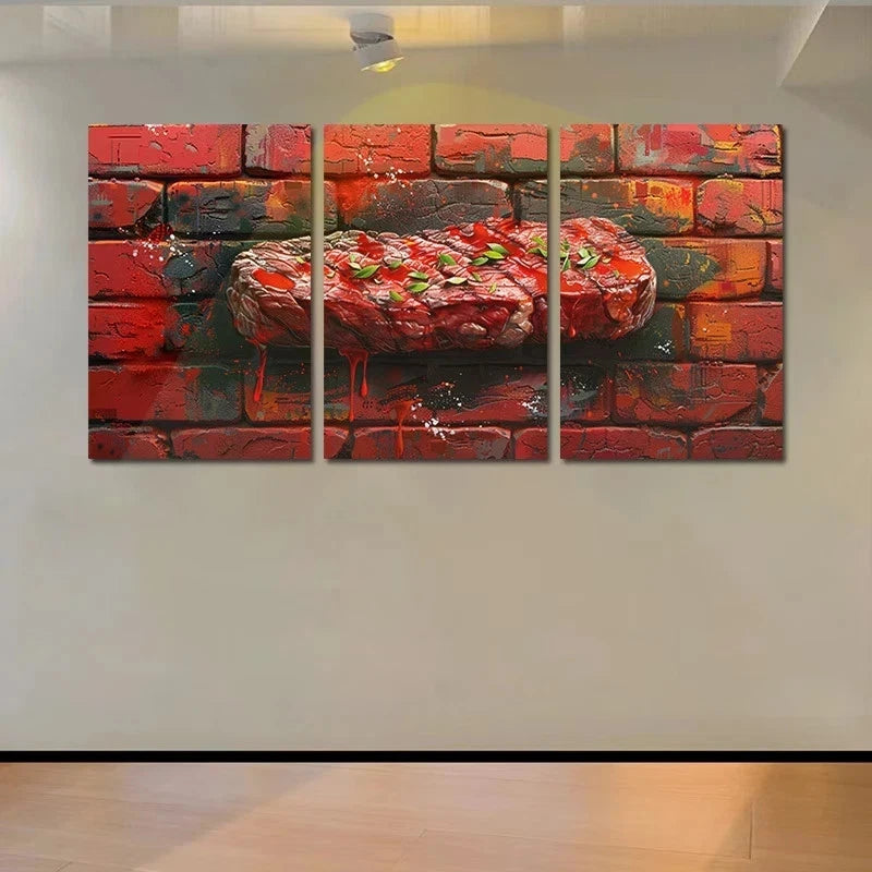 3pcs Steak Against a Brick Wall Background Metal Print Ready to Hang Art