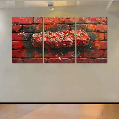 3pcs Steak Against a Brick Wall Background Metal Print Ready to Hang Art