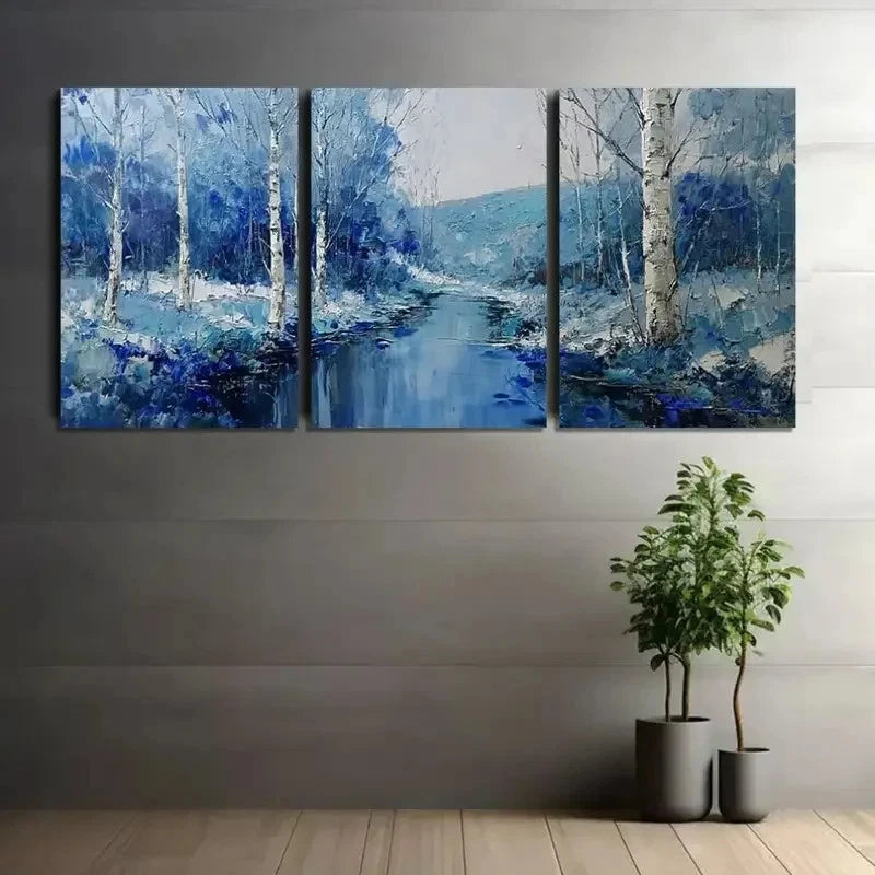 3pcs Abstract Splashes of Blue and White Metal Print Ready to Hang Art - Bella Home Decor