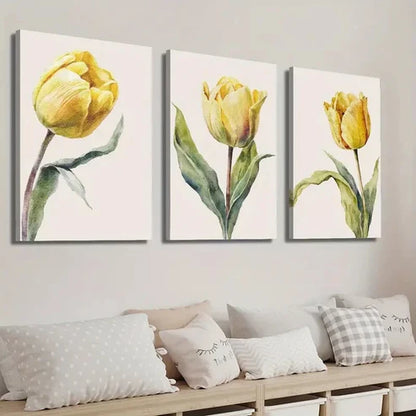 3pcs Vibrant Yellow & Green Tulip Wall Art Set Canvas Unframed - High Quality Print 100% Australian Made Wall Canvas