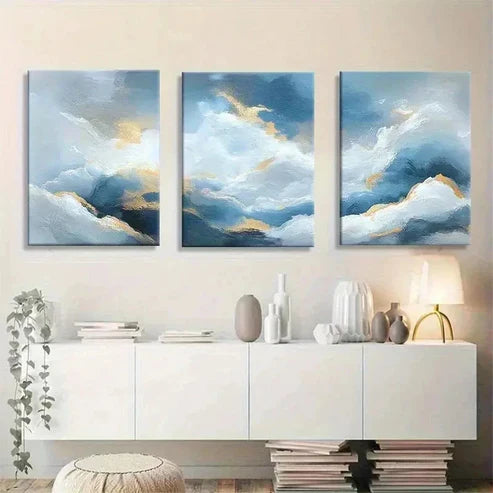 3pcs Landscape with Blue & Golden Brushstrokes Wall Art Set Canvas Unframed - High Quality Print 100% Australian Made Wall Canvas