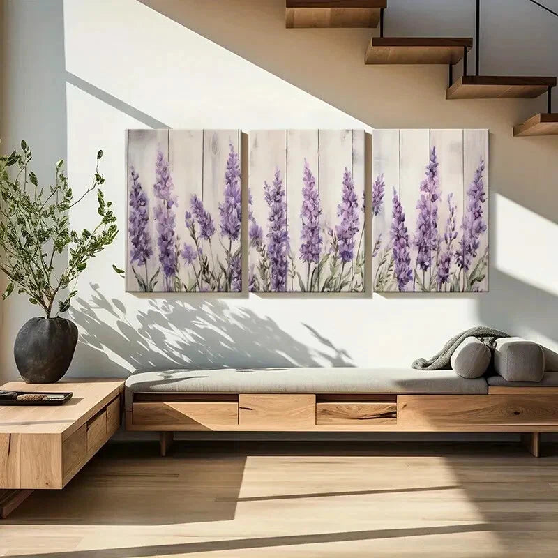 3pcs Purple Blooms Tranquil Lavender Field Wall Art Set Canvas Framed 60x90cm - High Quality Print 100% Australian Made Wall Canvas Ready to Hang - Bella Home Decor