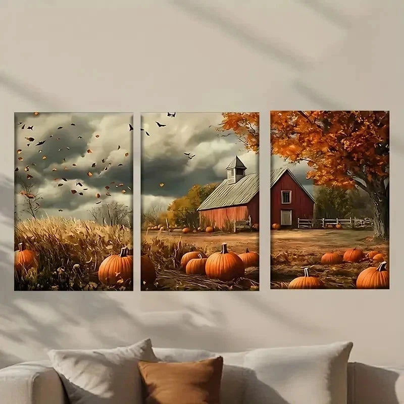 3pcs Farmhouse and a Pumpkin Field Wall Art Set Canvas Framed 50x70cm - High Quality Print 100% Australian Made Wall Canvas Ready to Hang
