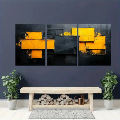 3pcs Vibrant Yellow & Black Abstract Art Set Metal Print Ready to Hang Art - Bella Home Decor
