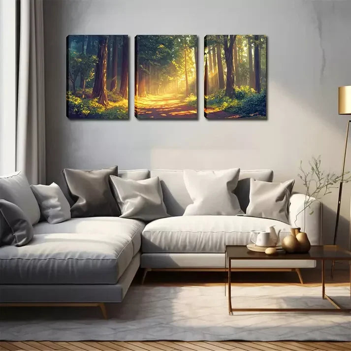 3pcs Sunlight Through The Woods, Wall Art Set Canvas Framed 60x90cm - High Quality Print 100% Australian Made Wall Canvas Ready to Hang