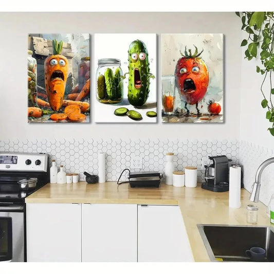 3pcs CCute Cool Vegetable Food Modern Metal Print Ready to Hang Art