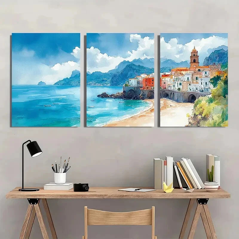 3pcs Atrani Italy Landscape Watercolor Triptych Metal Print Ready to Hang Art - Bella Home Decor