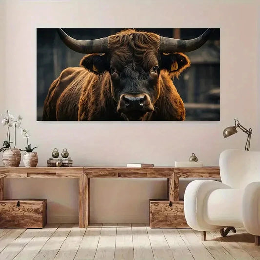 Vibrant Brown Bull with Horns Wall Art Canvas Office Home Room Framed 120x60cm