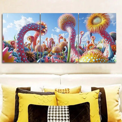 3pcs Vibrant Surreal Landscape with Alien Plant Wall Art Set Canvas Framed 50x70cm - High Quality Print 100% Australian Made Wall Canvas Ready to Hang