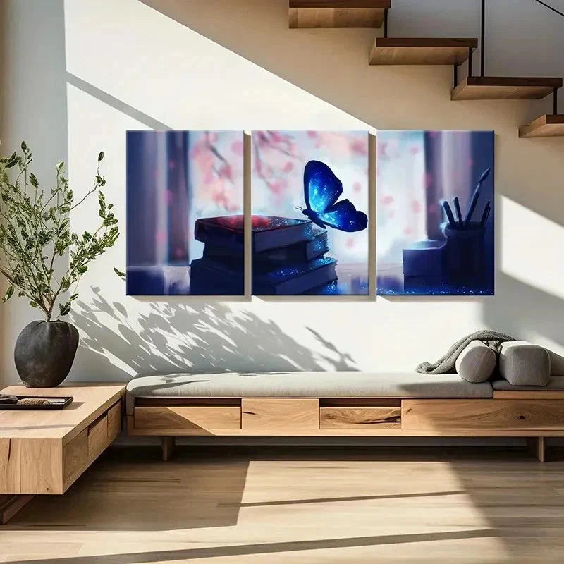 3pcs Sparkling Butterfly Resting On Books Wall Art Set Canvas Framed 60x90cm - High Quality Print 100% Australian Made Wall Canvas Ready to Hang - Bella Home Decor