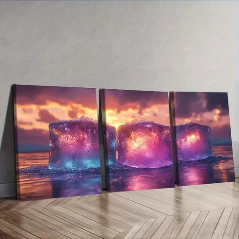 3 PCS Ice Cubes Design Coastal Landscape Wall Art Set Canvas Unframed - High Quality Print 100% Australian Made Wall Canvas
