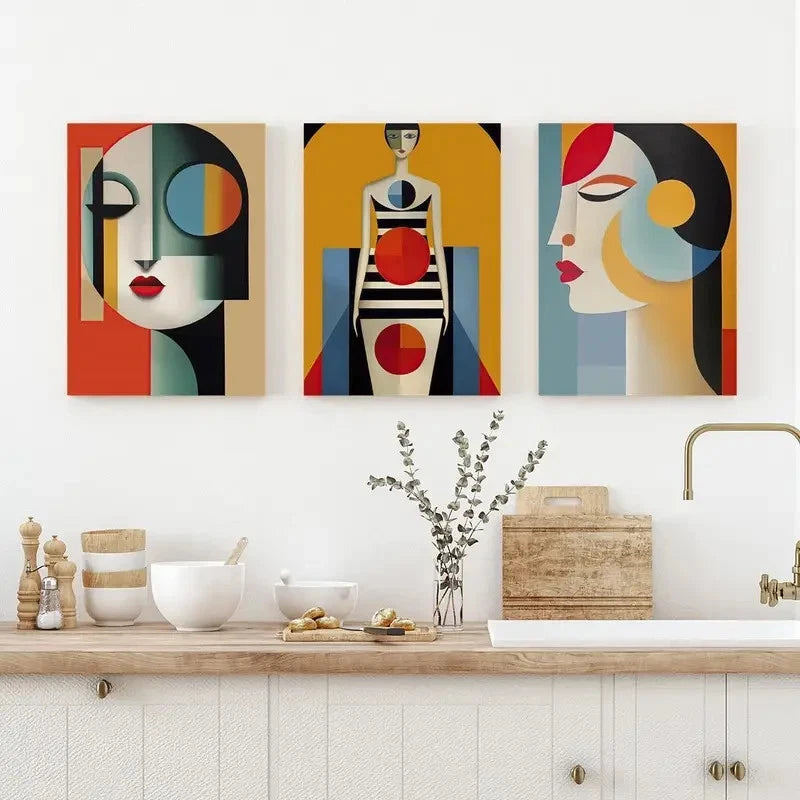3pcs Abstract Bauhaus Lady Prints Metal Print Ready to Hang Art - Bella Home Decor