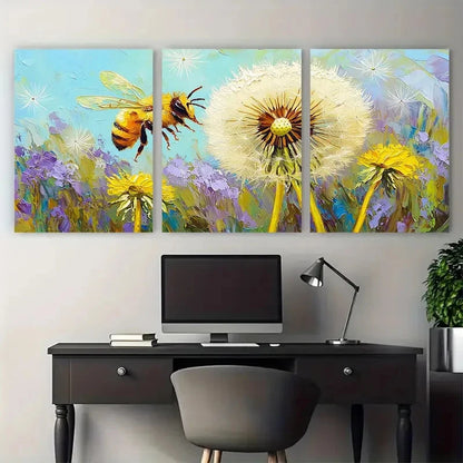 3pcs Vibrant Honeybee & Dandelion Floral Meadow Metal Print Ready to Hang Art - Bella Home Decor