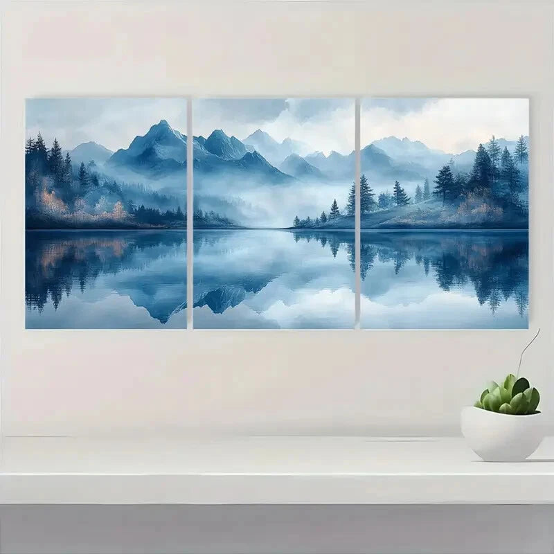 3pcs Serene Landscape Blue & Golden Hues Metal Print Ready to Hang Art - Bella Home Decor