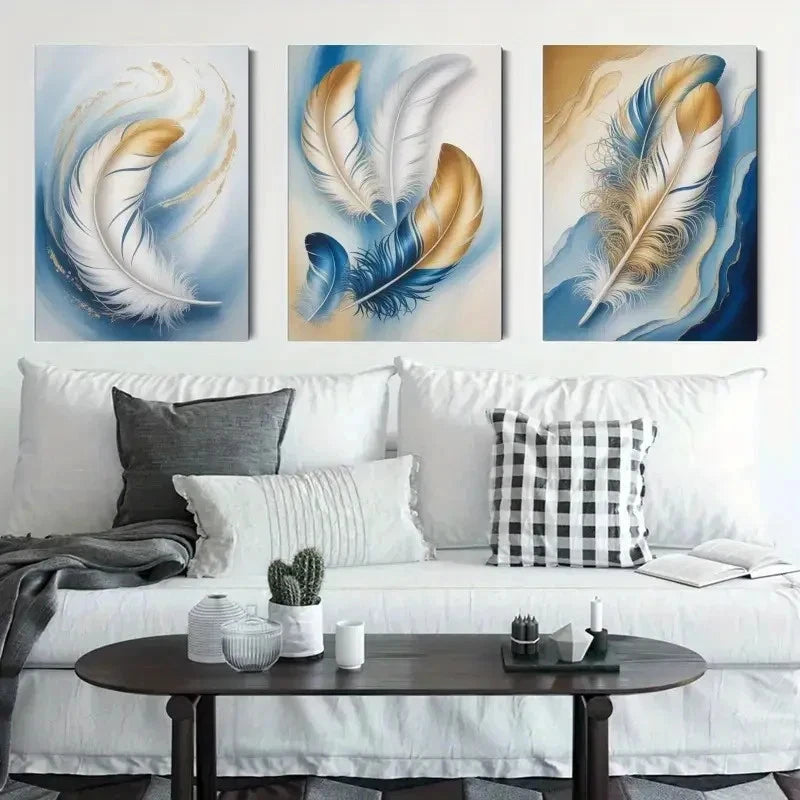 3pcs Abstract Feather Blue Golden White Black Metal Print Ready to Hang Art - Bella Home Decor