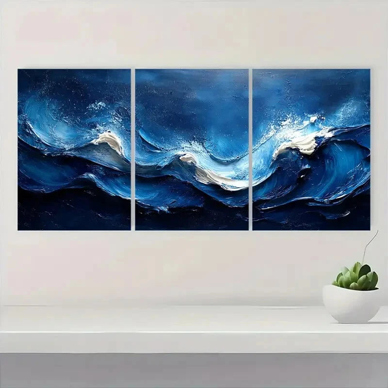 3pcs Dark Blue & White Textured Ocean Waves Design Metal Print Ready to Hang Art - Bella Home Decor