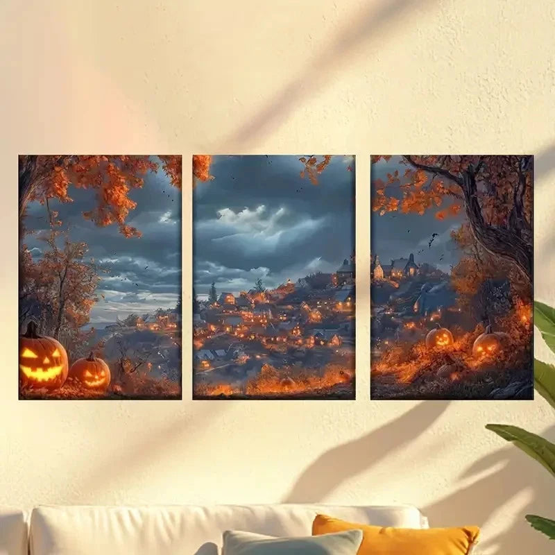 3pcs Halloween Theme with Pumpkins And Castle Wall Art Set Canvas Framed 50x70cm - High Quality Print 100% Australian Made Wall Canvas Ready to Hang