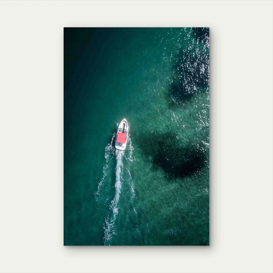Aerial Shot Motorboat Moving Forward Sea 40x60cm Metal Print Ready to Hang