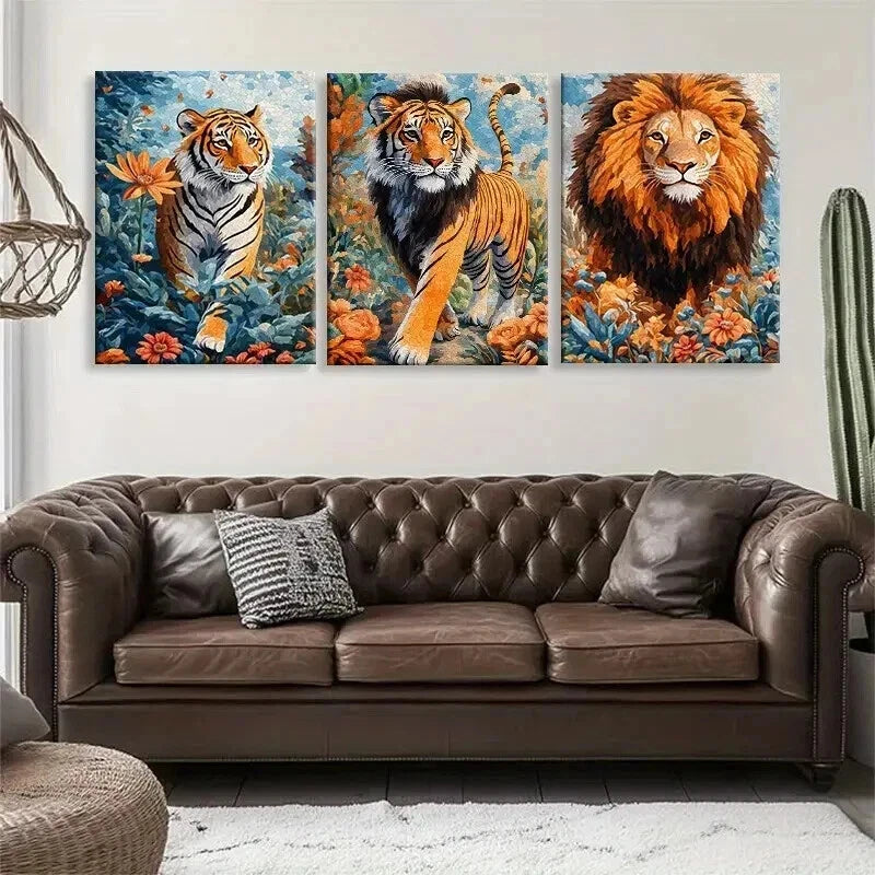 3pcs Majestic Tiger and Lion Floral Jungle Hues Wall Art Set Canvas Framed 60x90cm - High Quality Print 100% Australian Made Wall Canvas Ready to Hang