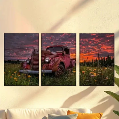 3pcs red truck in field of flowers Wall Art Canvas Unframed - High Quality Print 100% Australian Made Wall Canvas