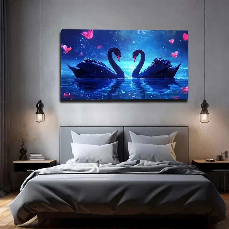 Bedroom with a large wall art of two swans on a blue background.