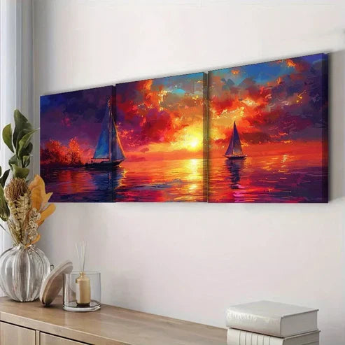 3pcs Little White Boat In The Ocean Nature Wall Art Canvas Unframed - High Quality Print 100% Australian Made Wall Canvas