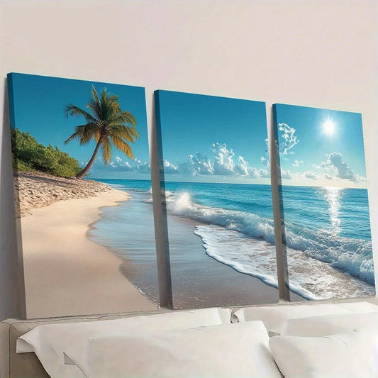 3pcs Tropical Beach and Palm Tree Wall Art Set Canvas Framed 60x90cm - High Quality Print 100% Australian Made Wall Canvas Ready to Hang