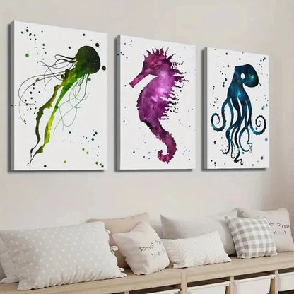 3pcs Colorful Starry Sky with Jellyfish Seahorse Wall Art Set Canvas Unframed - High Quality Print 100% Australian Made Wall Canvas - Bella Home Decor