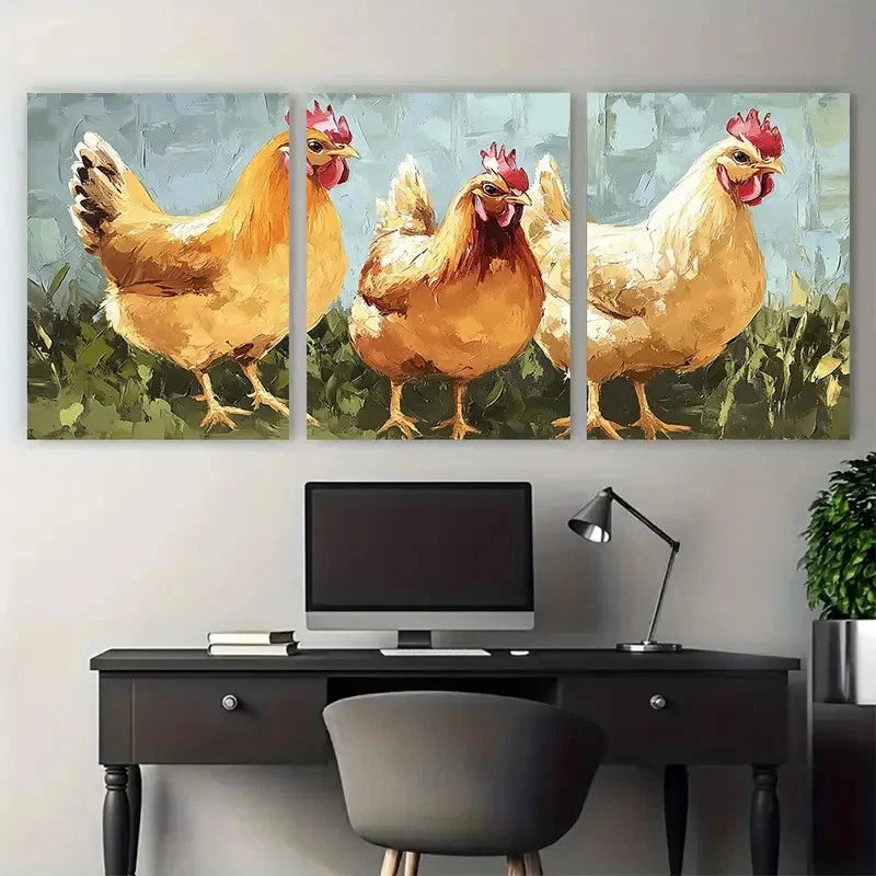 3pcs Chicken Hen Farm Bird Impasto Illustration Wall Art Set Canvas Framed 60x90cm - High Quality Print 100% Australian Made Wall Canvas Ready to Hang - Bella Home Decor