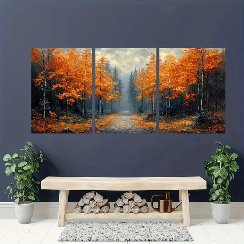 3pcs Abstract Autumn Forest Landscape Path Prints Metal Print Ready to Hang Art - Bella Home Decor