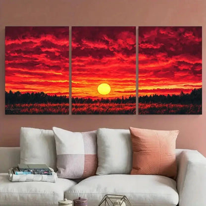 3pcs Modern Stunning Red Sunset Illustration Wall Art Set Canvas Framed 60x90cm - High Quality Print 100% Australian Made Wall Canvas Ready to Hang