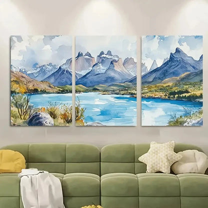 3pcs Watercolor Mountain Scenery Turquoise Waters Metal Print Ready to Hang Art
