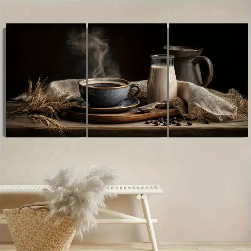 3pcs Vintage Coffee and Milk Realistic Wall Art Set Canvas Framed 60x90cm - High Quality Print 100% Australian Made Wall Canvas Ready to Hang - Bella Home Decor