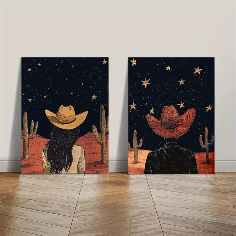 2pcs Western Cowboy & Starry Sky Canvas Framed 50x75cm - High Quality Print 100% Australian Made Wall Canvas Ready to Hang - Bella Home Decor