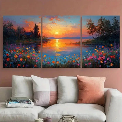 3pcs Riverside Sunset Textures of Flowers Trees Metal Print Ready to Hang Art