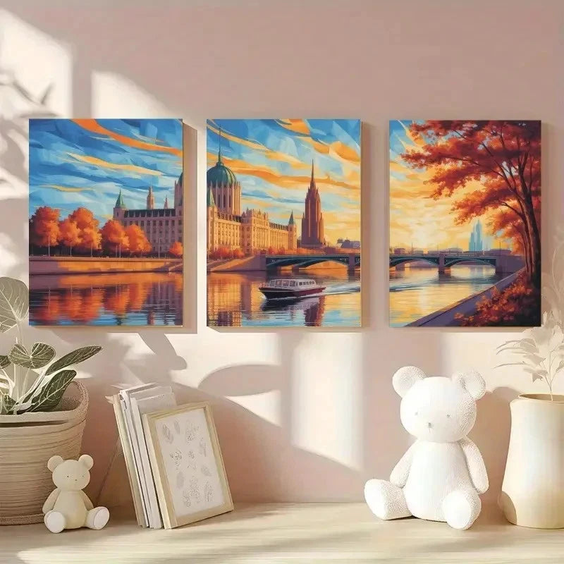 3pcs Cityscape Panels with Autumn Trees Metal Print Ready to Hang Art - Bella Home Decor