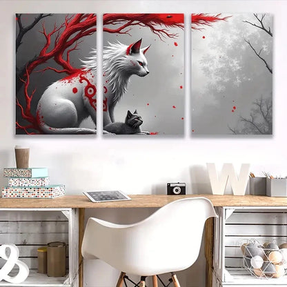3pcs White Fox & Cat in Red Tree Design I  Wall Art Set Canvas Framed 50x70cm - High Quality Print 100% Australian Made Wall Canvas Ready to Hang