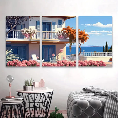 3pcs Floral House With Coastal Scenery Wall Art Set Canvas Framed 60x90cm - High Quality Print 100% Australian Made Wall Canvas Ready to Hang