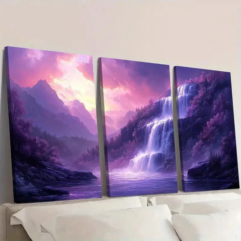 3pcs Purple Waterfall Prints FG Wall Art Set Canvas Unframed - High Quality Print 100% Australian Made Wall Canvas - Bella Home Decor