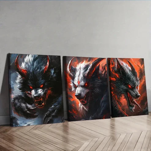 3pcs Dramatic Black & Orange Wolf Illustration Wall Art Set Canvas Unframed - High Quality Print 100% Australian Made Wall Canvas - Bella Home Decor