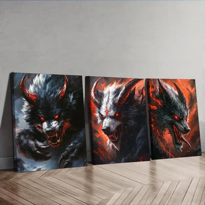 3pcs Dramatic Black & Orange Wolf Illustration Wall Art Set Canvas Unframed - High Quality Print 100% Australian Made Wall Canvas - Bella Home Decor