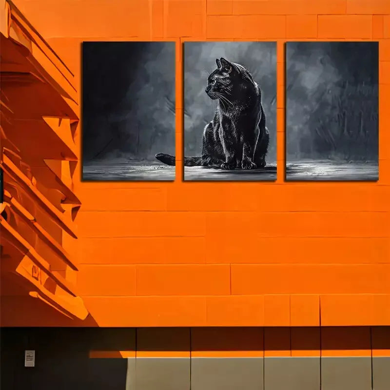 3pcsBlack Cat In Dark Background Wall Art Set Canvas Framed 50x70cm - High Quality Print 100% Australian Made Wall Canvas Ready to Hang