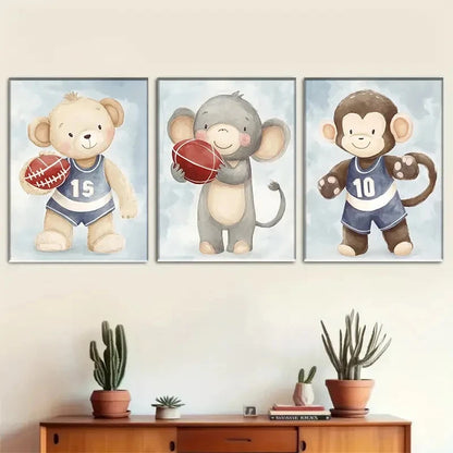 3pcs Cute Animal Basketball Gear & Sports Theme Metal Print Ready to Hang Art - Bella Home Decor