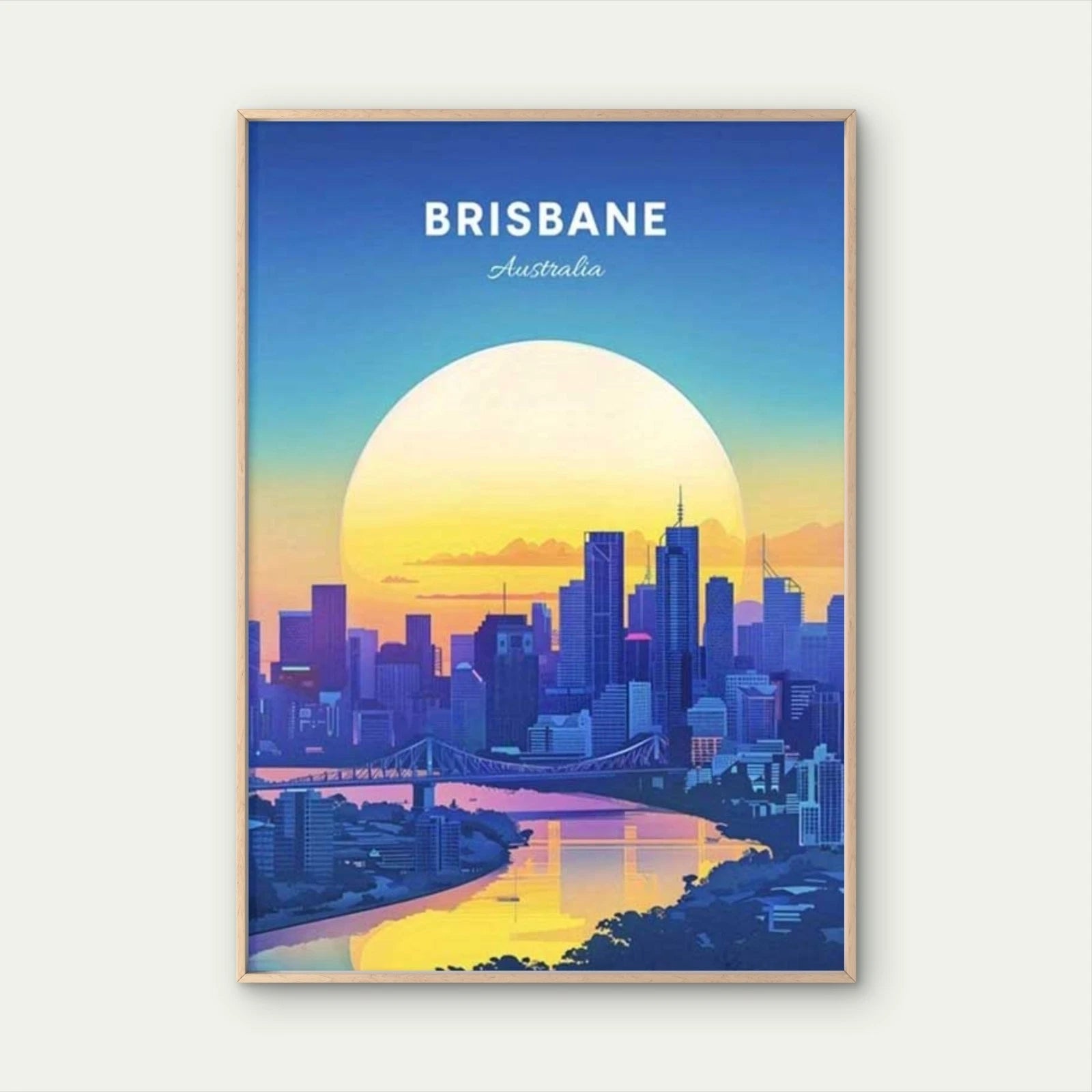 Golden Sunset Over Brisbane Skyline Travel Poster Print Wall Art - Bella Home Decor