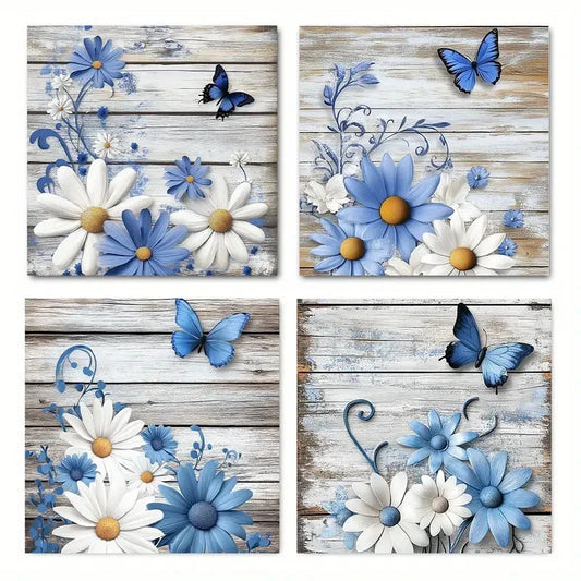 4pcsBlue & White Daisies and Butterflies Wall Art Canvas Framed