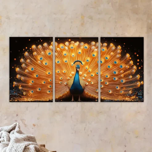 3pcs Peacock Displaying Its Plumage Wall Art Set Canvas Unframed - High Quality Print 100% Australian Made Wall Canvas