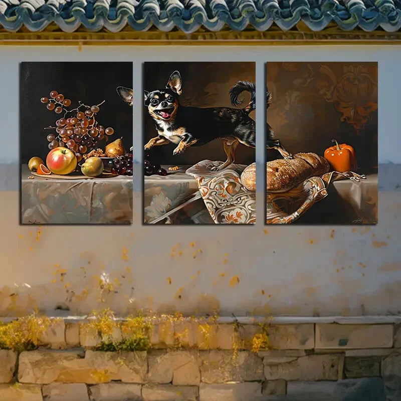 3pcs Charming Puppies & Food on the Table Metal Print Ready to Hang Art - Bella Home Decor