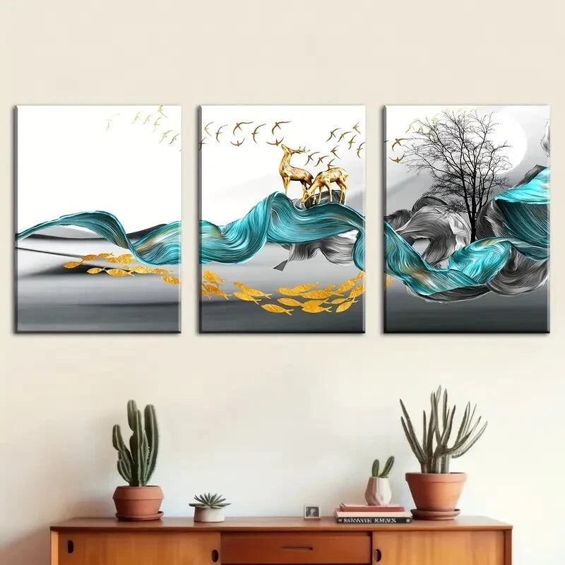 3pcs Abstract Stunning Golden Blue Themed Metal Print Ready to Hang Art - Bella Home Decor