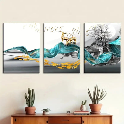 3pcs Abstract Stunning Golden Blue Themed Metal Print Ready to Hang Art - Bella Home Decor