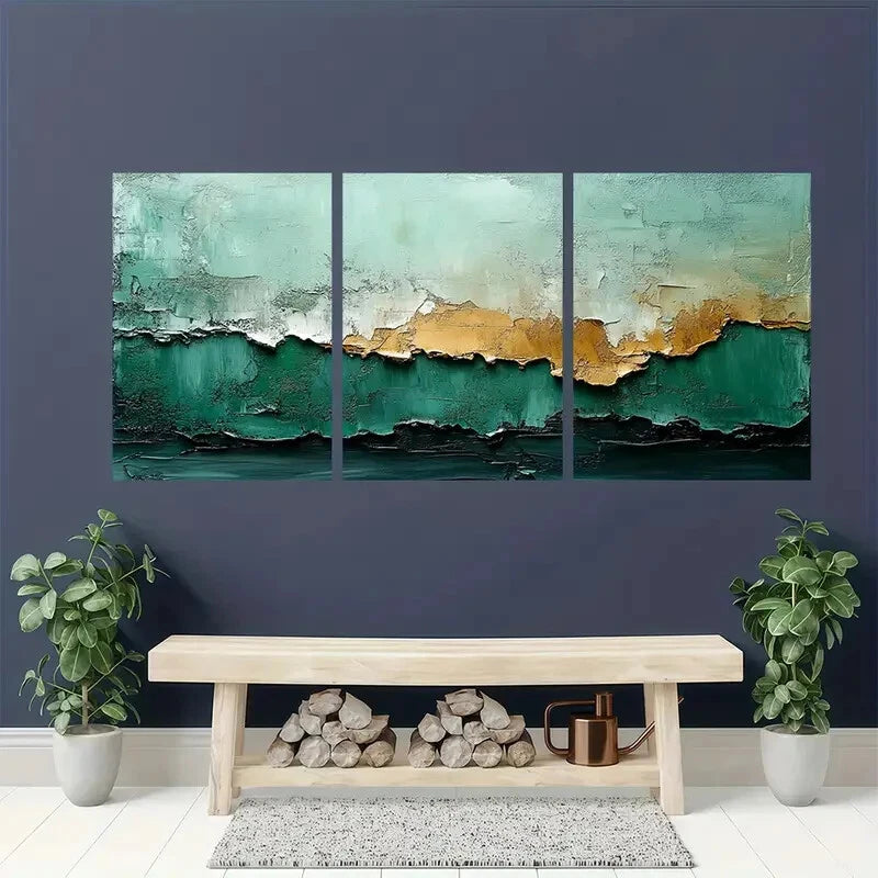 3pcs Abstract Green & Grey Minimalist Wabi Sabi Metal Print Ready to Hang Art - Bella Home Decor
